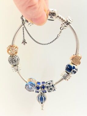 Pandora Silver Charm Bracelet with Blue and Rose Gold Accents